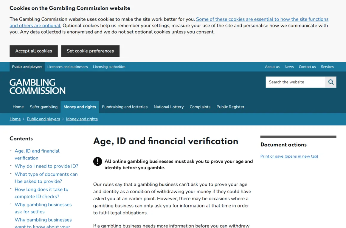 UK Gambling Commission public guide page on age, ID, and financial verification rules