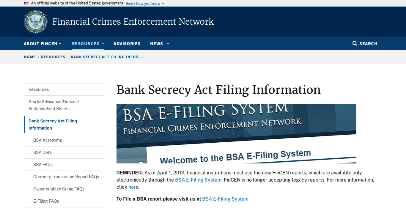 FinCEN Bank Secrecy Act filing information page for Currency Transaction Reports