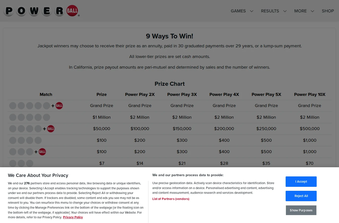 An official lottery prize chart showing lump-sum vs annuity payout structure